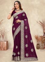 Crepe Silk Wine Wedding Wear Coding Work Saree